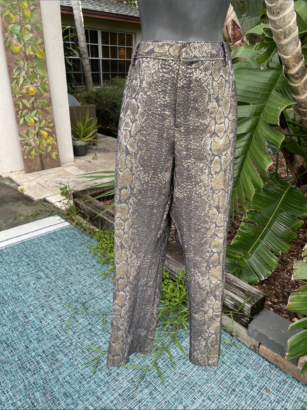 metallic gold, brocade snake skin pants